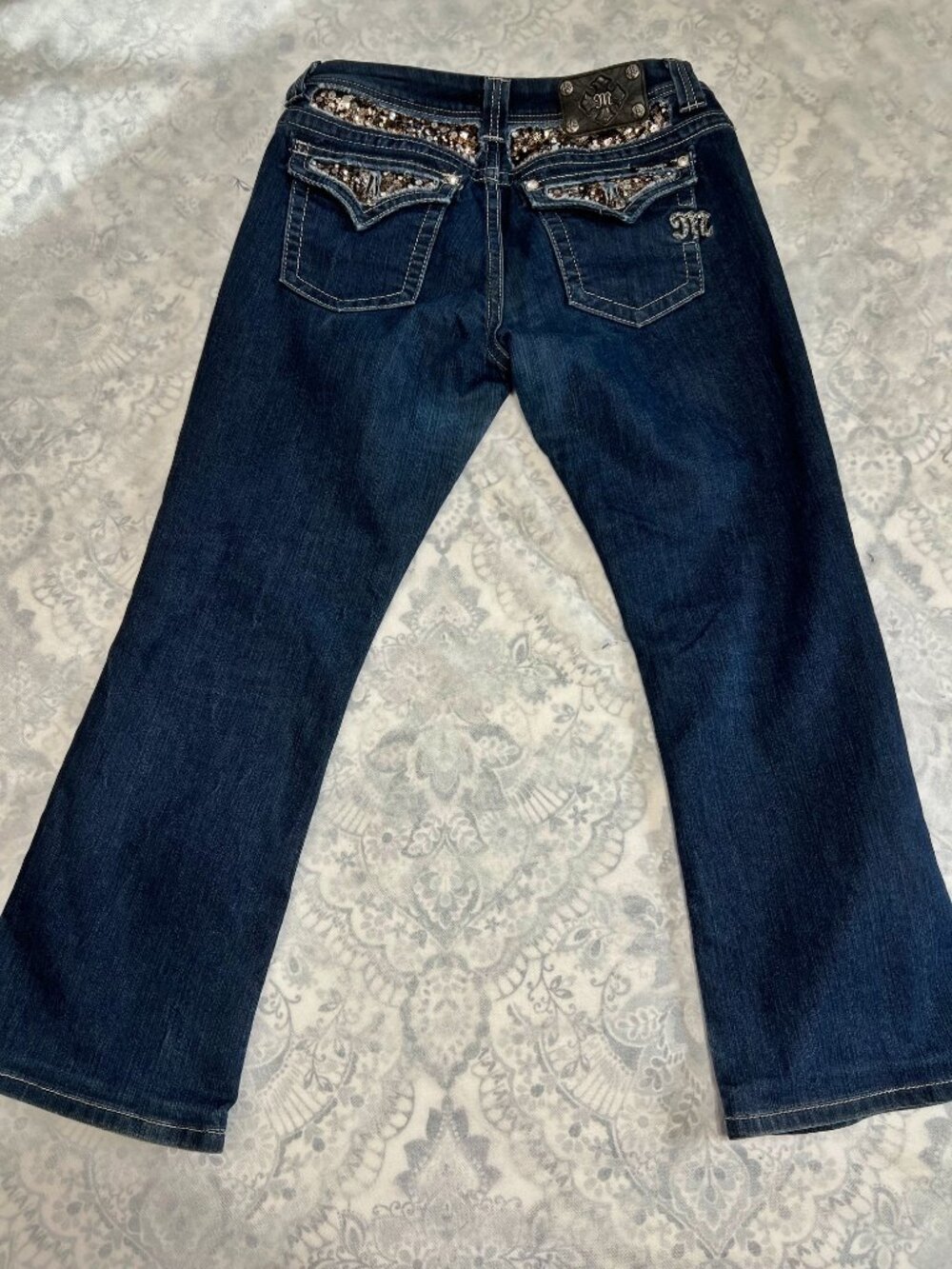 Miss Me Y2K Sequin Embellished Flap Pocket Bootcut Jeans Dark McBling Sz 31 Long